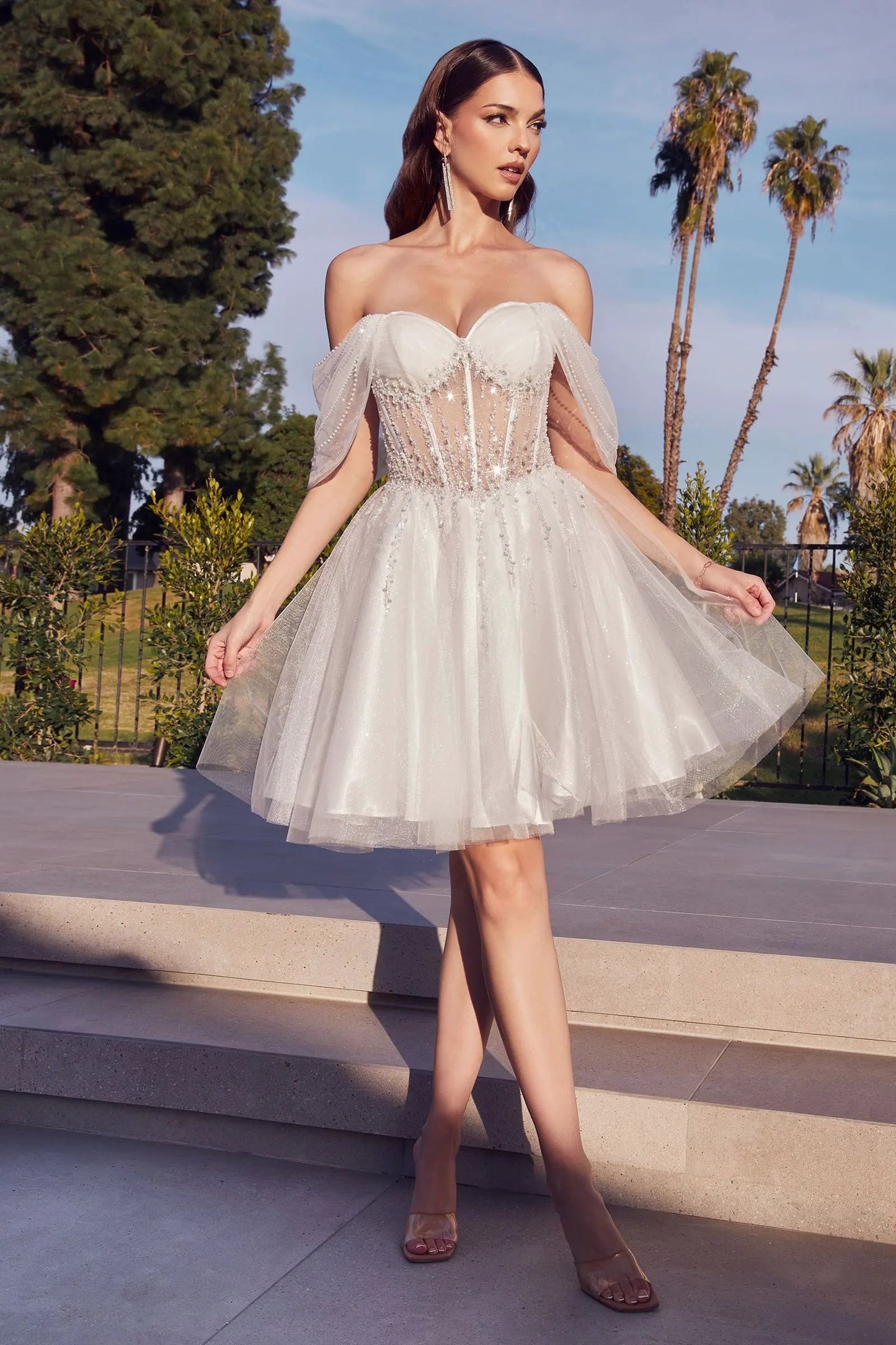 Off The Shoulder Embellished Aline Short Dress by Tux-USA