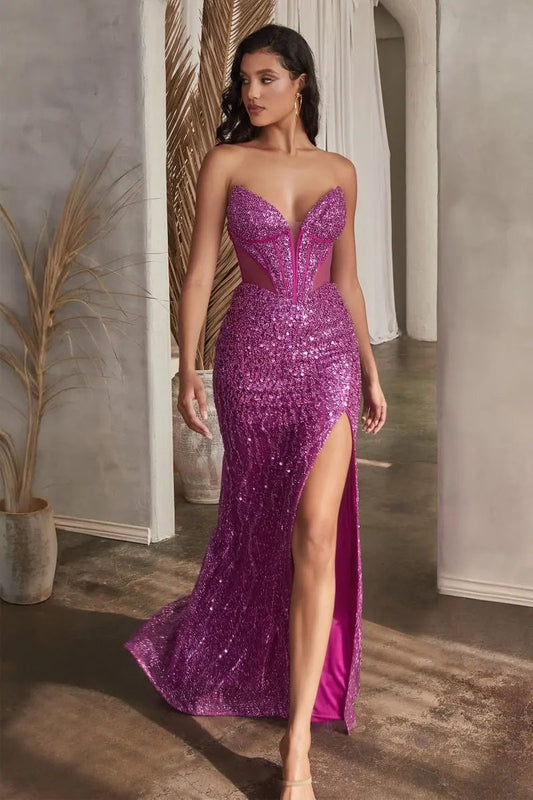 Evening Gown Strapless Beaded Embellished Illusion Waist Formal Wear by Tux-USA