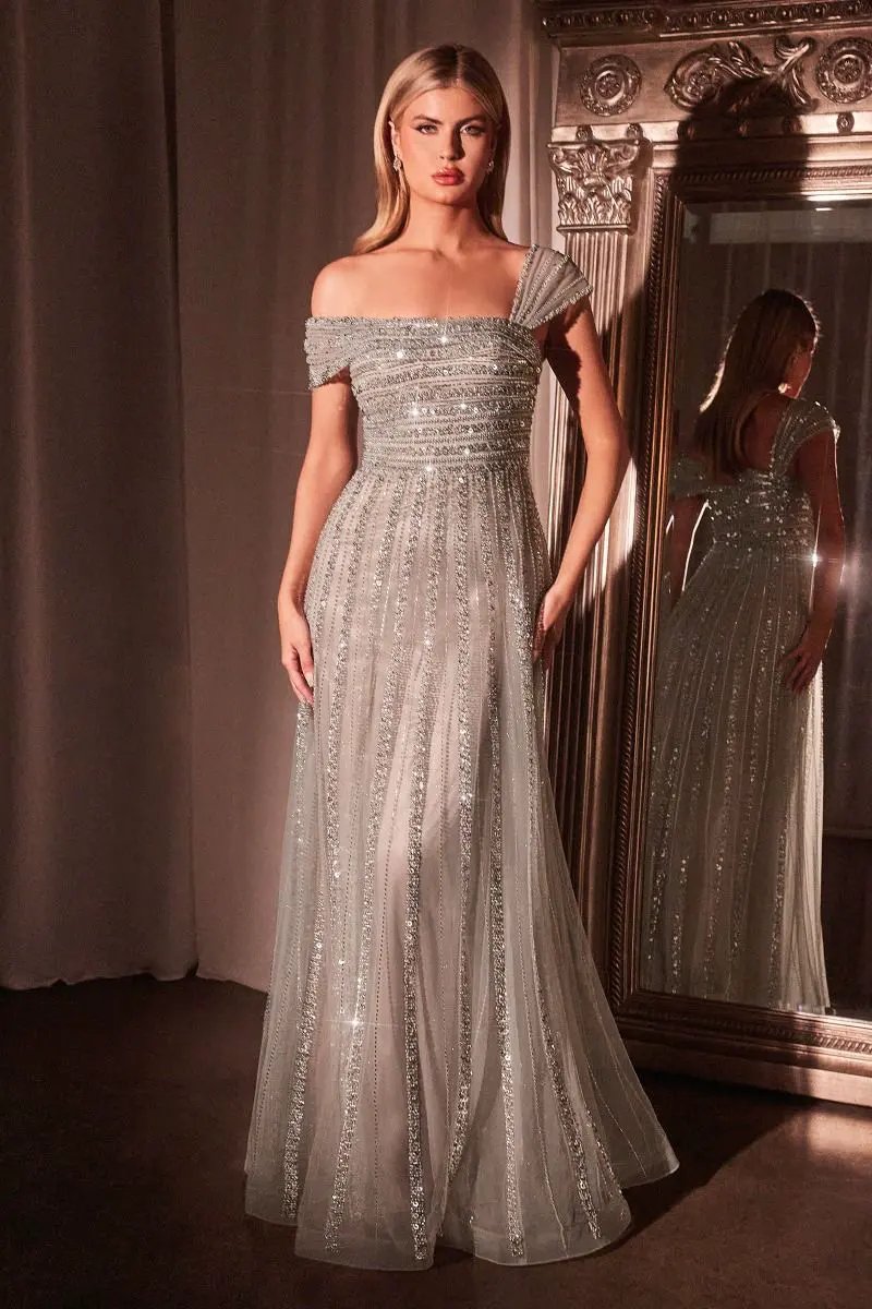 Asymmetrical Off The Shoulder A-Line Beaded Gown by Tux-USA