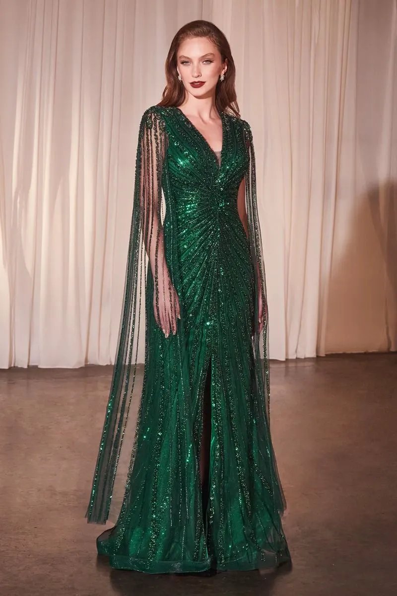 Long Sleeve Fully Beaded Sheath Gown by Tux-USA