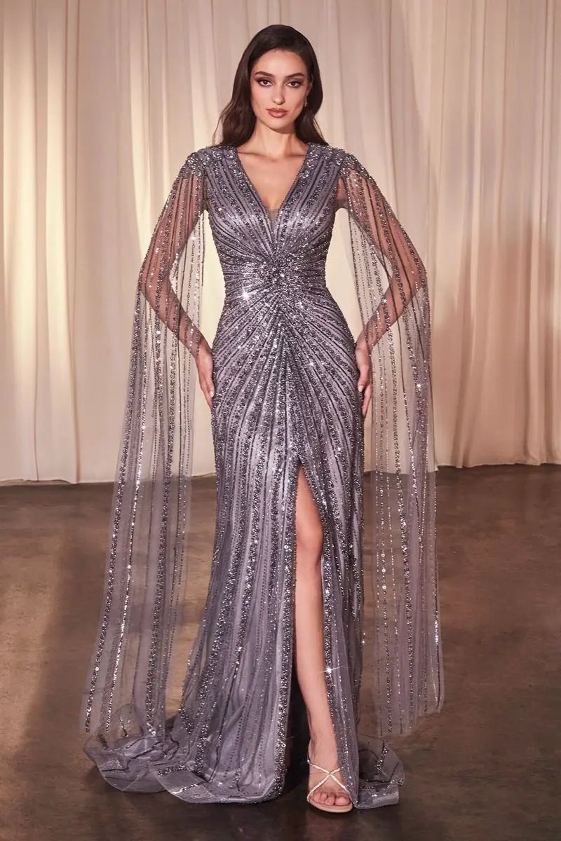 Long Sleeve Fully Beaded Sheath Gown by Tux-USA