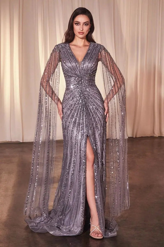 Long Sleeve Fully Beaded Sheath Gown by Tux-USA