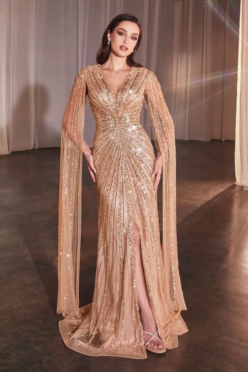 Long Sleeve Fully Beaded Sheath Gown by Tux-USA