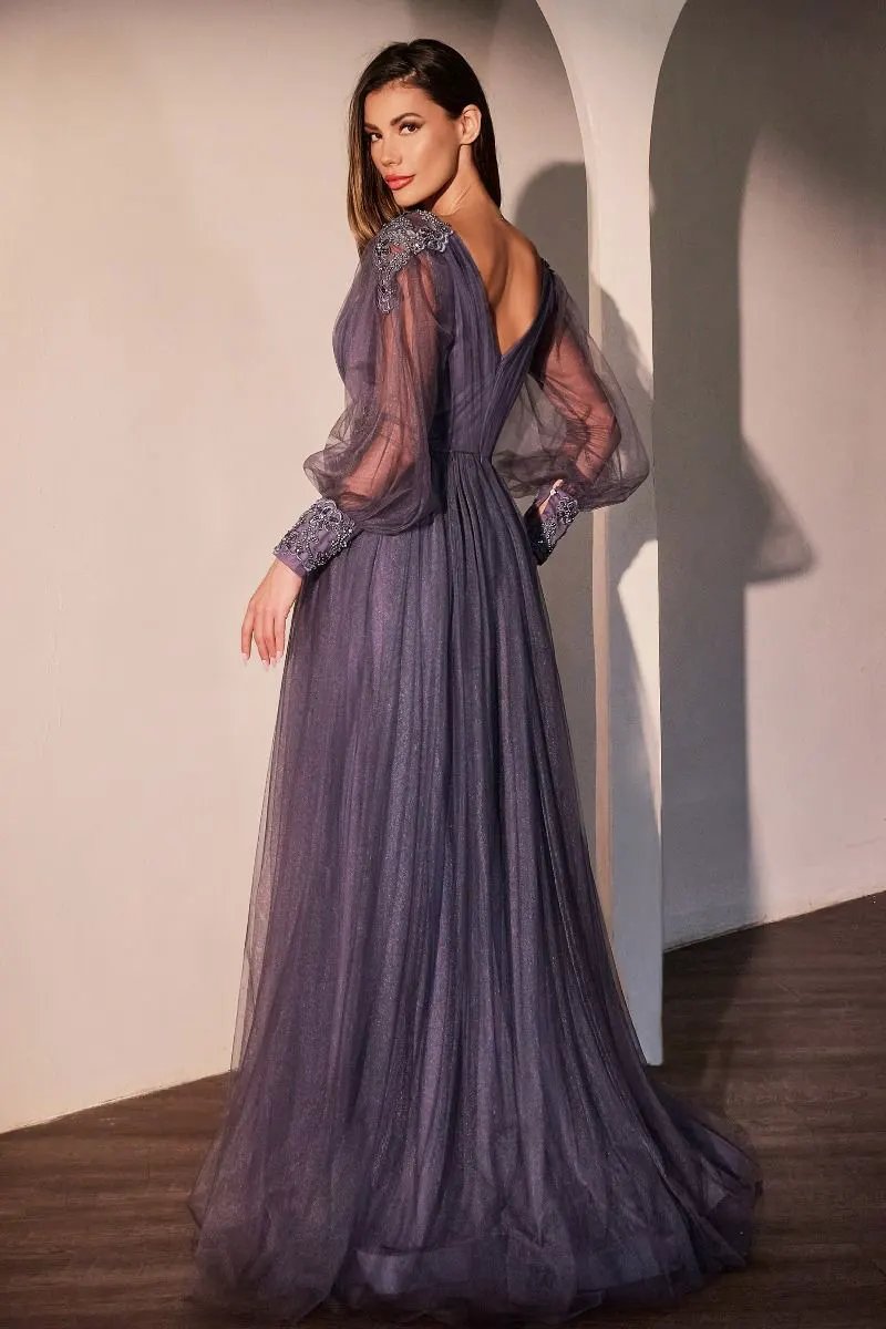Long Sleeve Purple A-Line Dress by Tux-USA