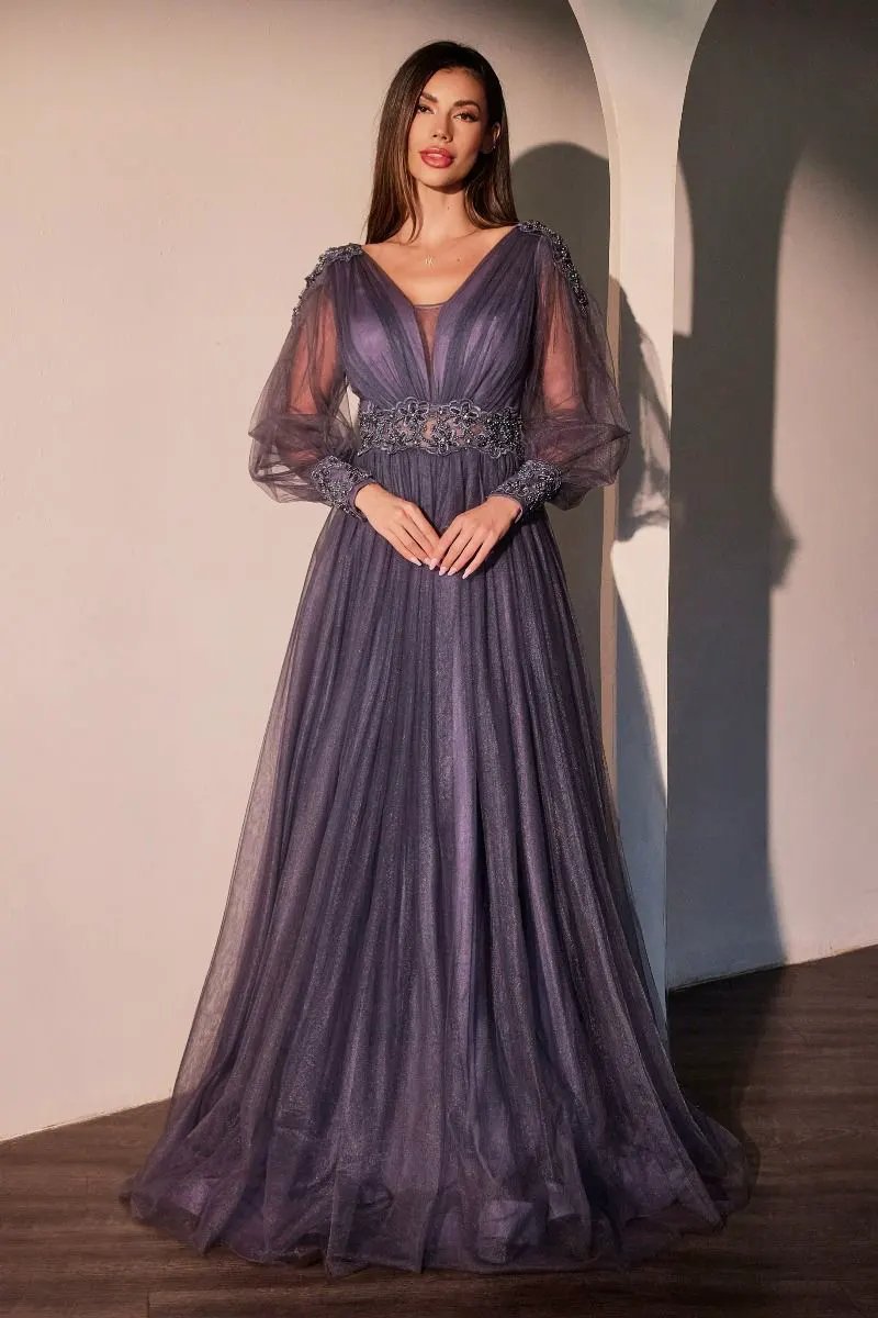 Long Sleeve Purple A-Line Dress by Tux-USA