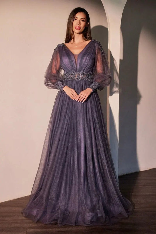 Long Sleeve Purple A-Line Dress by Tux-USA