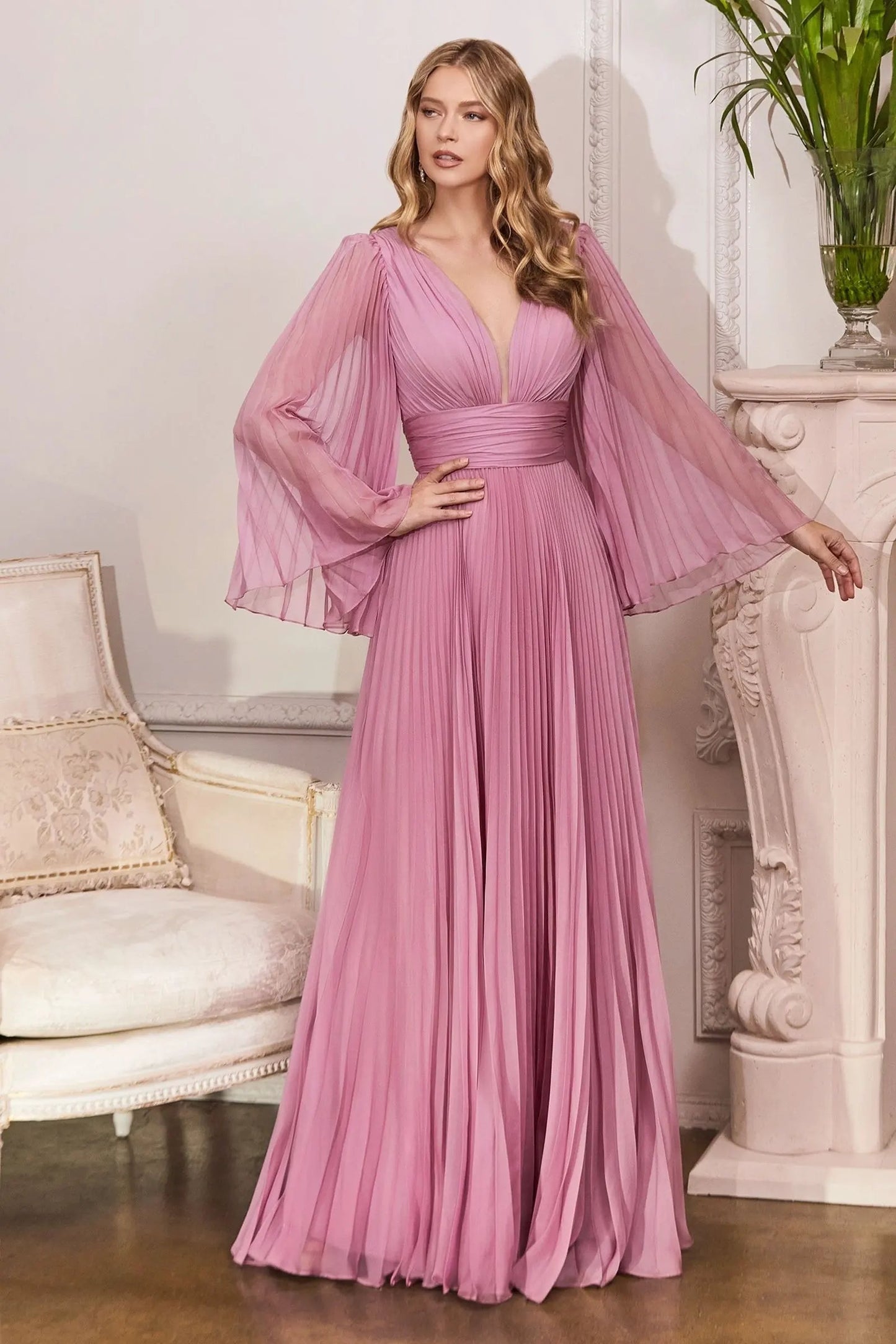 Pleated Chiffon Long Sleeve Gown by Tux-USA