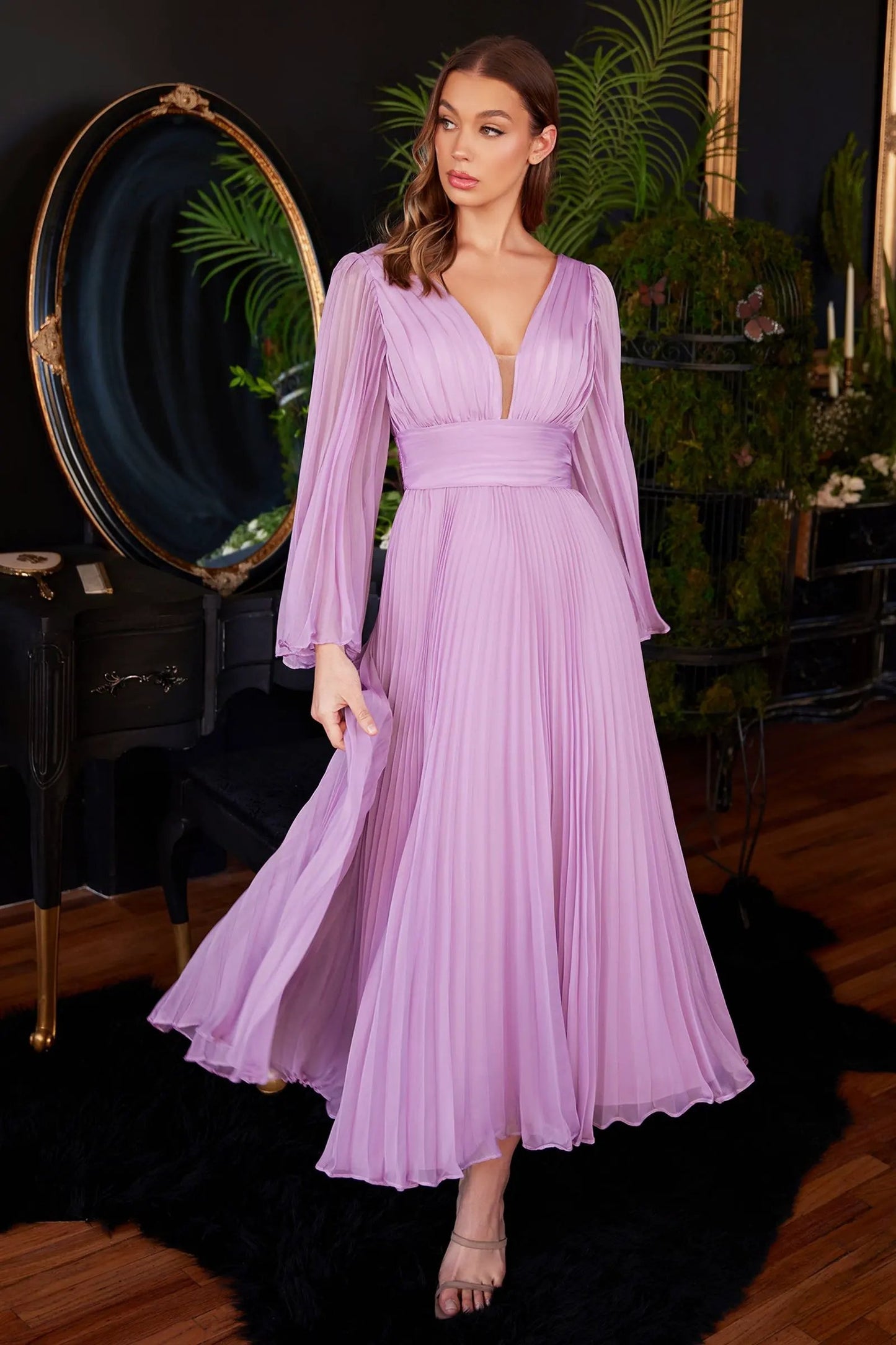 Pleated Chiffon Long Sleeve Tea Length Gown by Tux-USA