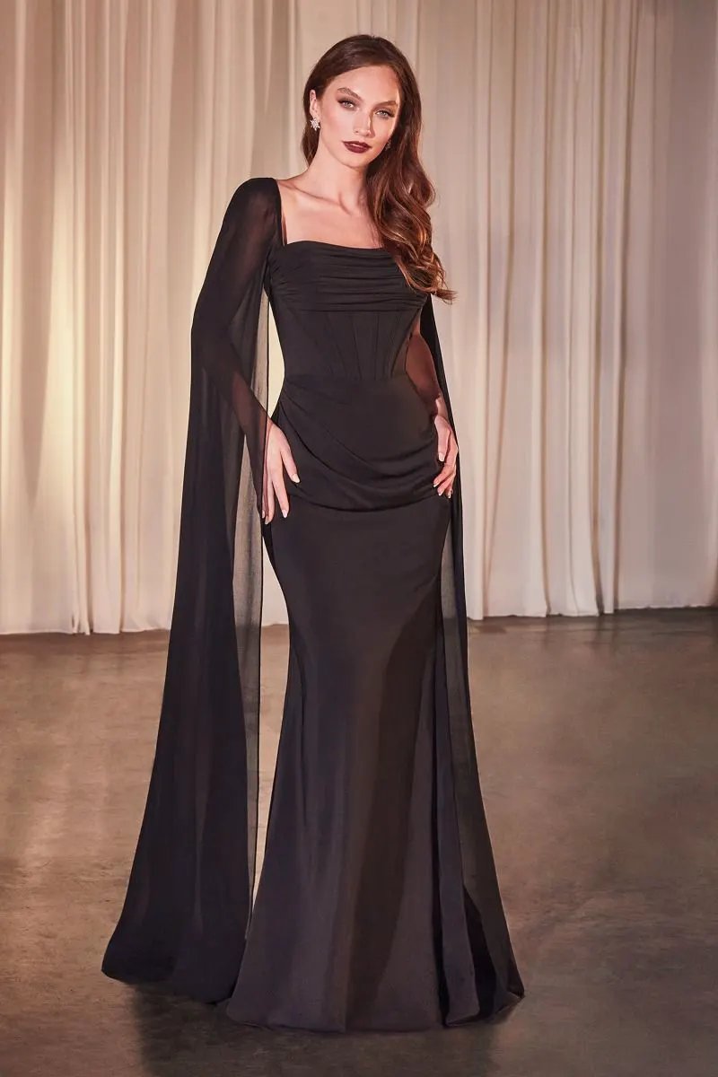Chiffon Fitted Dress With Long Cape Sleeves by Partner Label