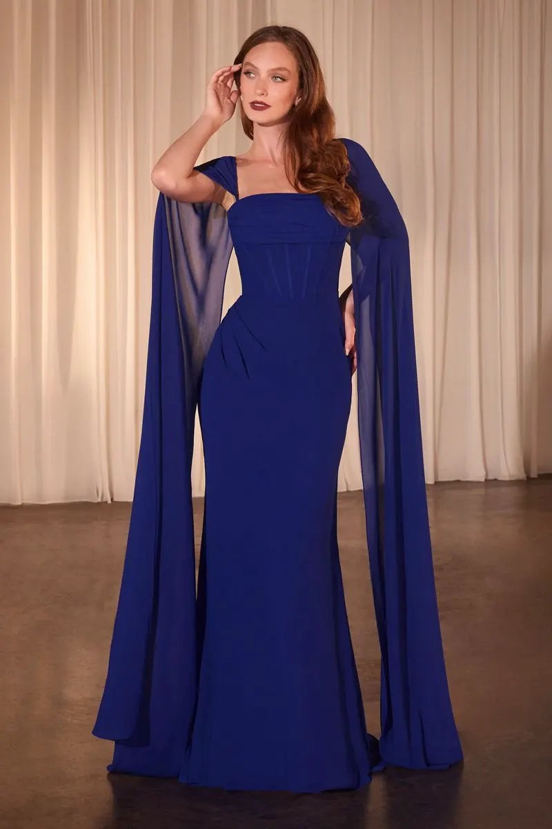 Chiffon Fitted Dress With Long Cape Sleeves by Partner Label
