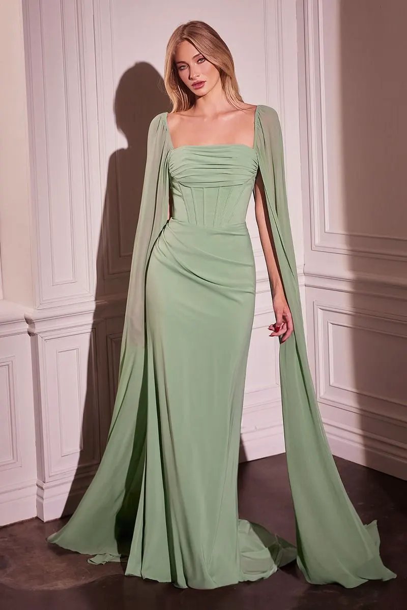 Chiffon Fitted Dress With Long Cape Sleeves by Partner Label