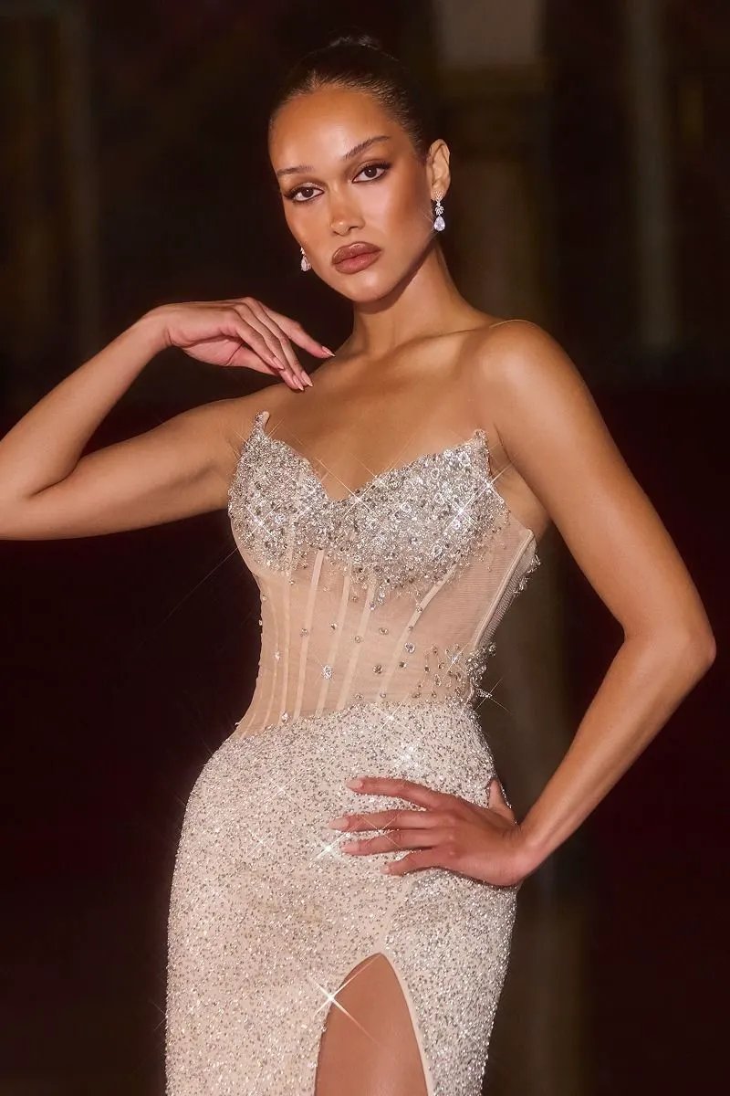 Fitted Dress Sweetheart Neckline Sheer Beaded Corset Crystal Embellishment Slit by Tux-USA