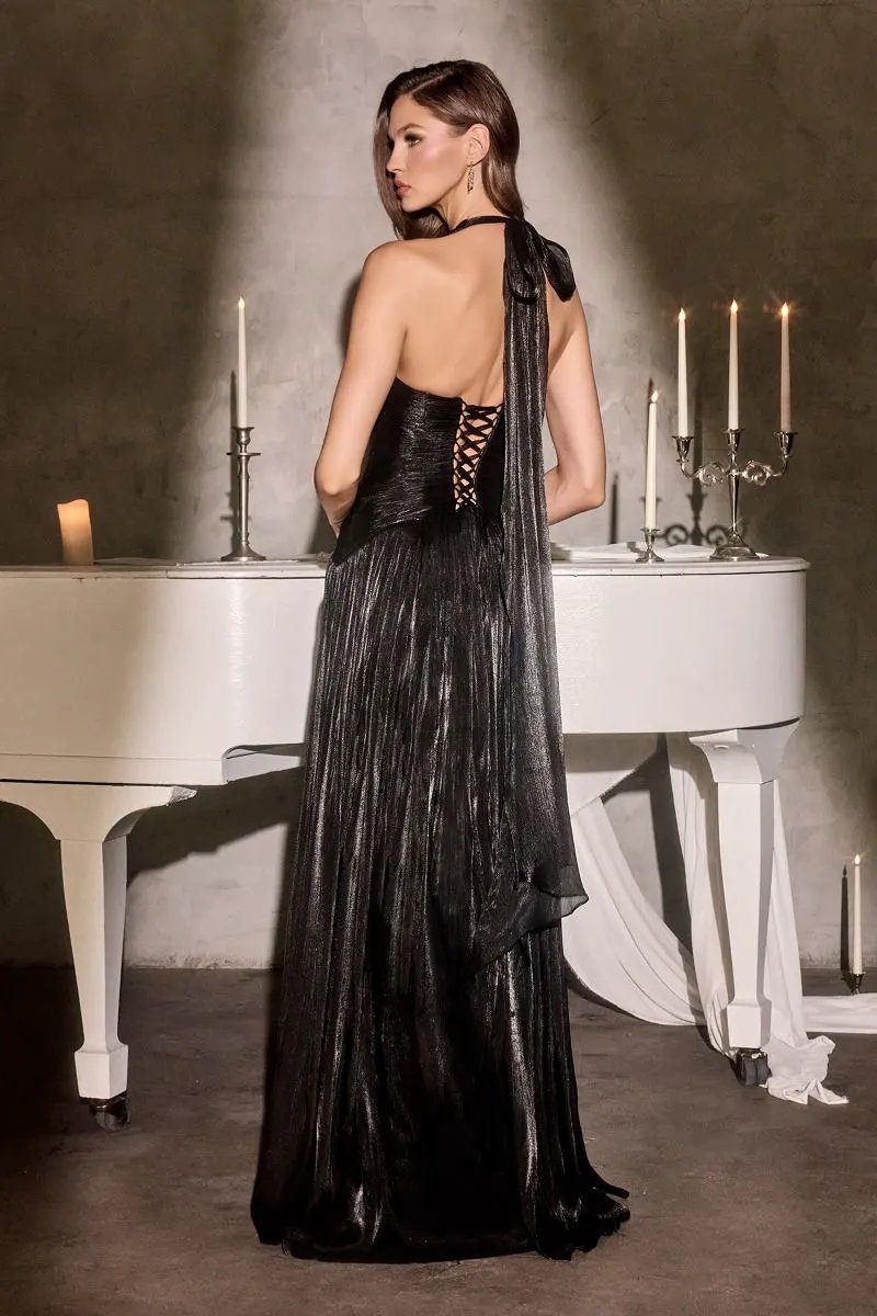 Flowy A-Line Dress With A Deep V-Neck Halter Neckline And Luminous Pleated Chiffon, Corset-Style Back With Laces by Tux-USA