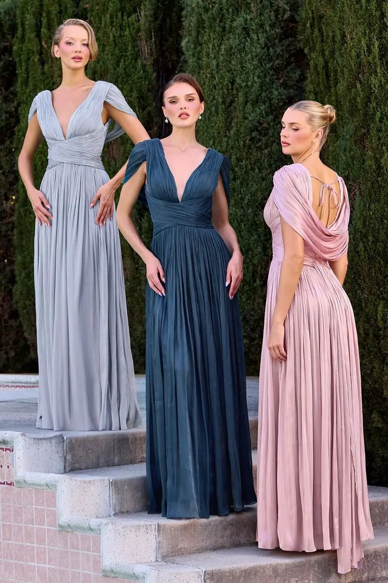 A-Line Dress In Shimmering Pleated Chiffon, Soft Draped Bodice With Deep V-Neck by Tux-USA