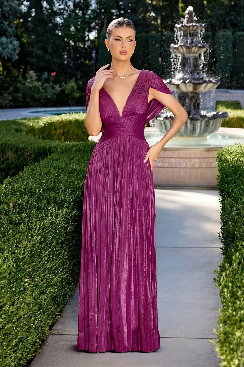 A-Line Dress In Shimmering Pleated Chiffon, Soft Draped Bodice With Deep V-Neck by Tux-USA
