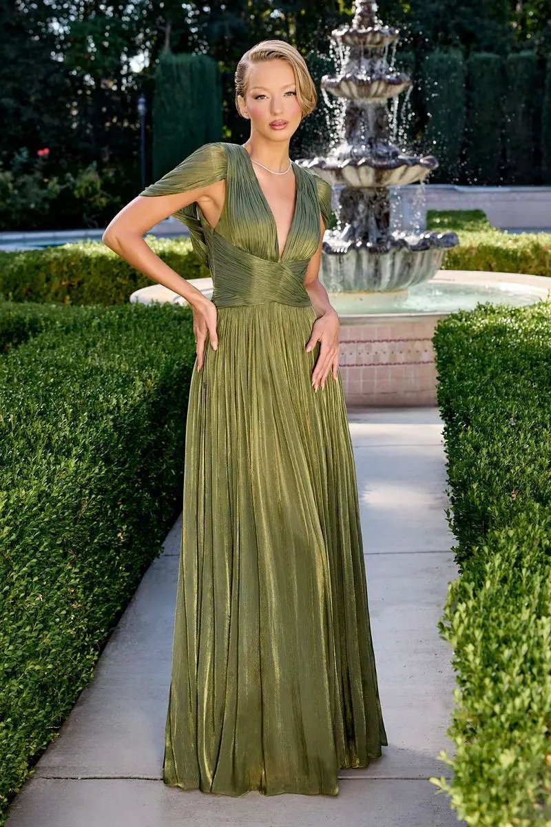 A-Line Dress In Shimmering Pleated Chiffon, Soft Draped Bodice With Deep V-Neck by Tux-USA