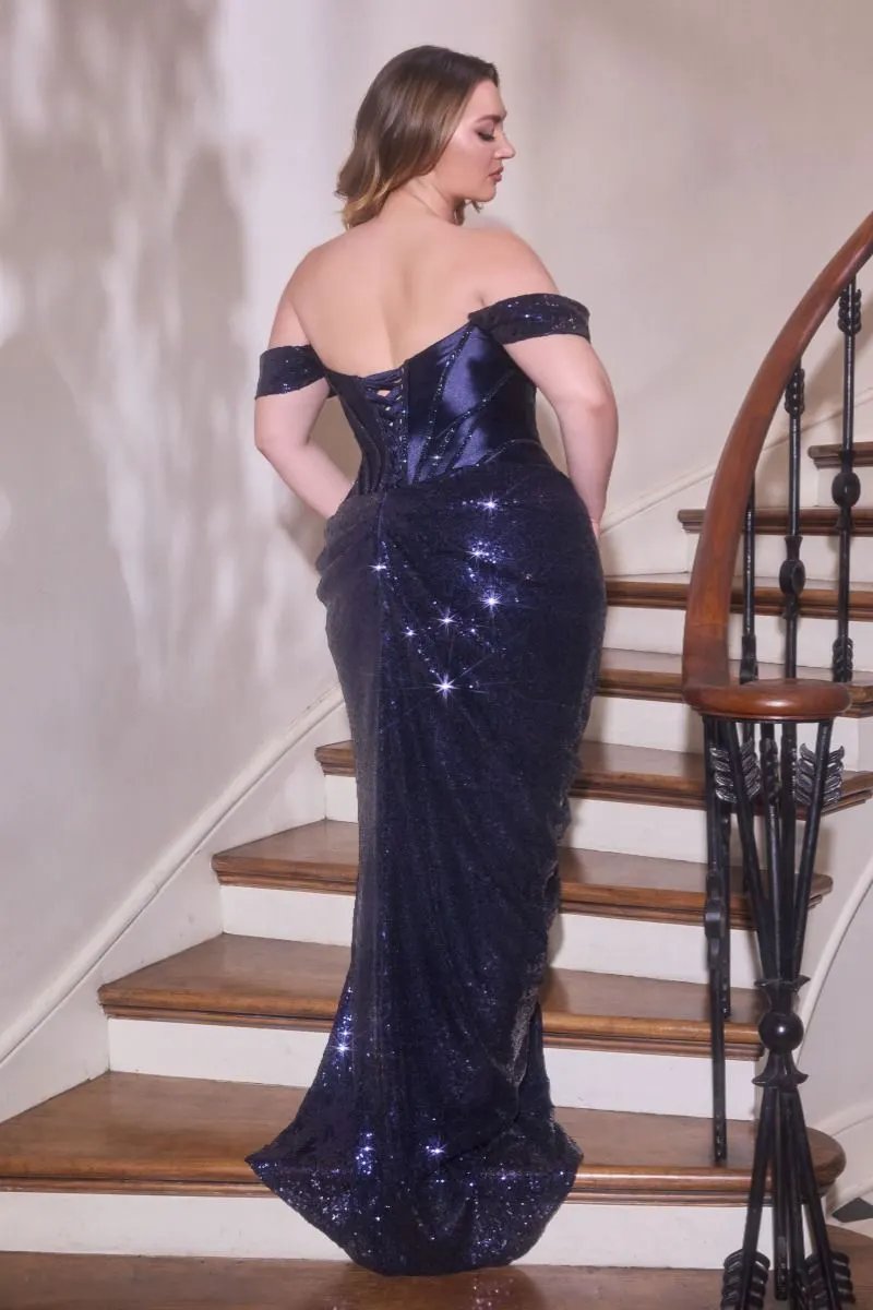 Off-The-Shoulder Fitted Dress Satin Corset Bodice Sequin Draped Skirt Lace-Up Back by Tux-USA