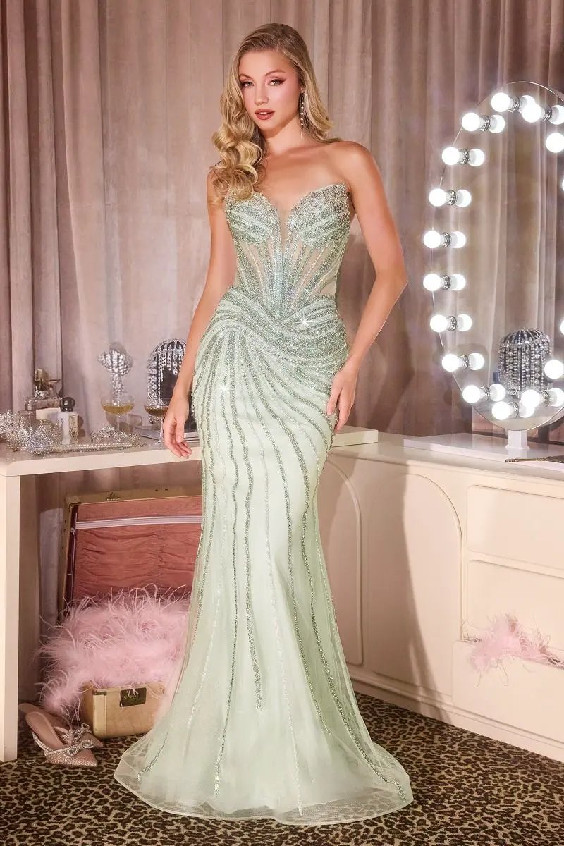 Fitted Dress Sweetheart Neckline Crystal Beaded Sheer Corset Bodice Sculpted Silhouette by Tux-USA