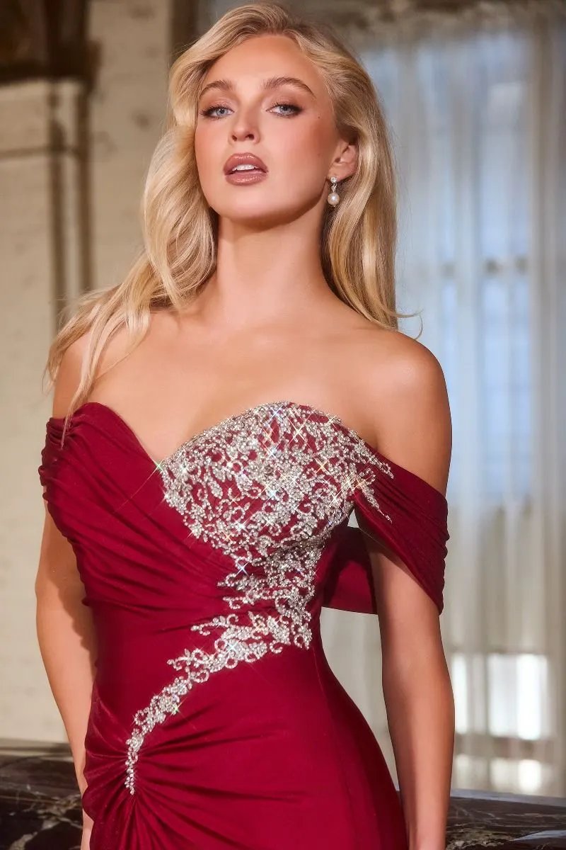 Fitted Dress Off-The-Shoulder Crystal Embellished Ruched Bodice Stretch Satin Train by Tux-USA