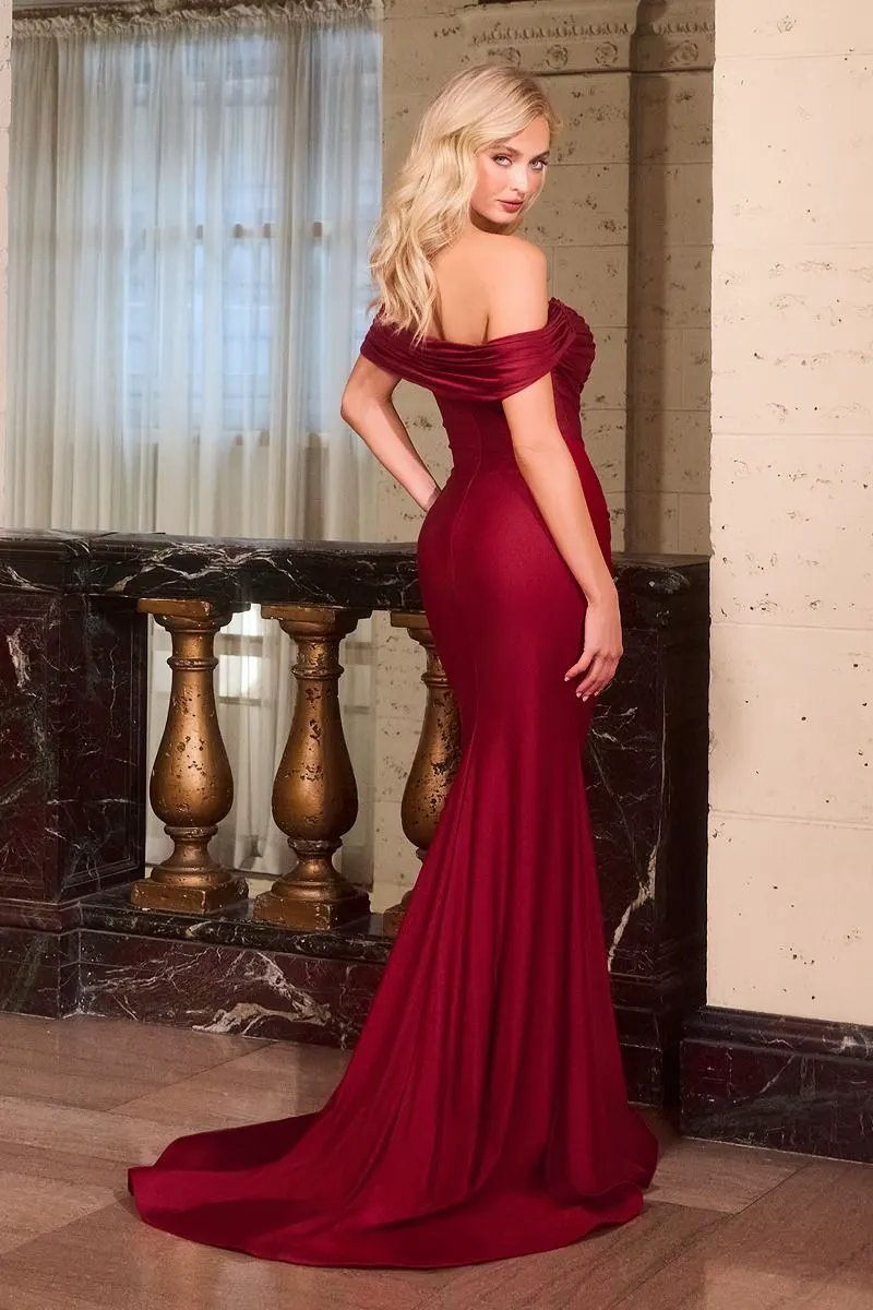 Fitted Dress Off-The-Shoulder Crystal Embellished Ruched Bodice Stretch Satin Train by Tux-USA