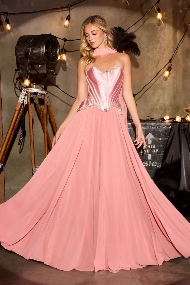 Ball Gown Strapless Satin Corset Crystal Embellished Bodice Chiffon Skirt by Partner Label