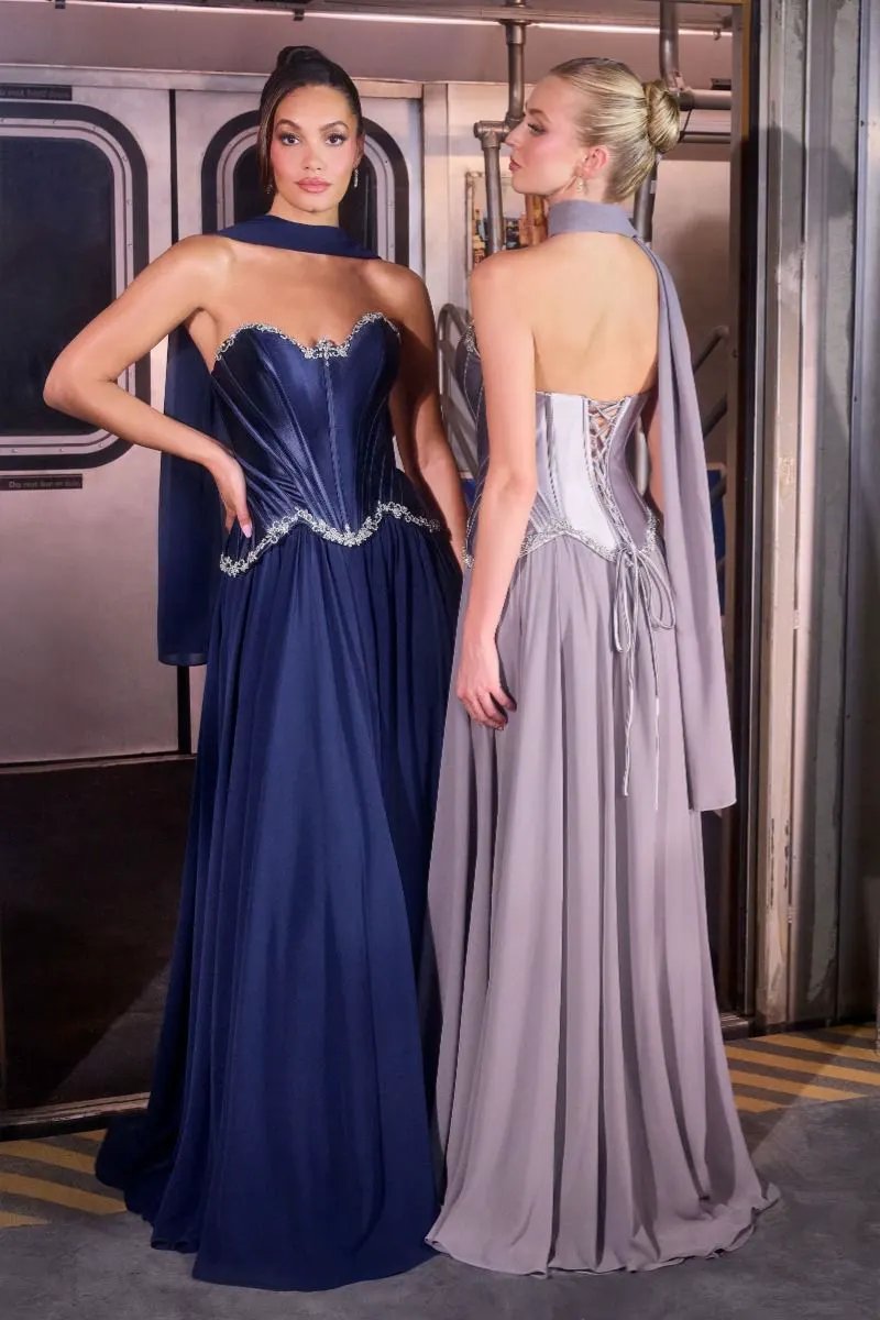 Ball Gown Strapless Satin Corset Crystal Embellished Bodice Chiffon Skirt by Partner Label