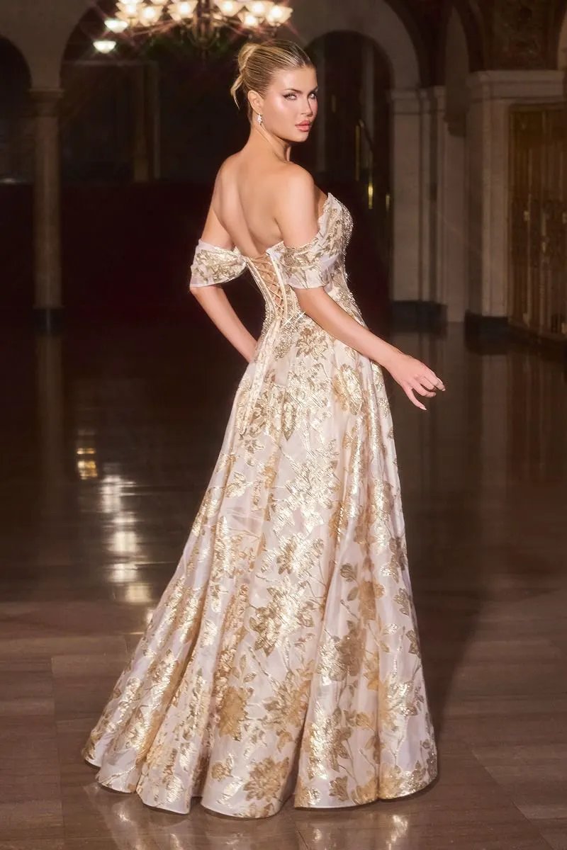 Ball Gown Off-The-Shoulder Beaded Crystal Corset Metallic Floral Jacquard Skirt by Tux-USA