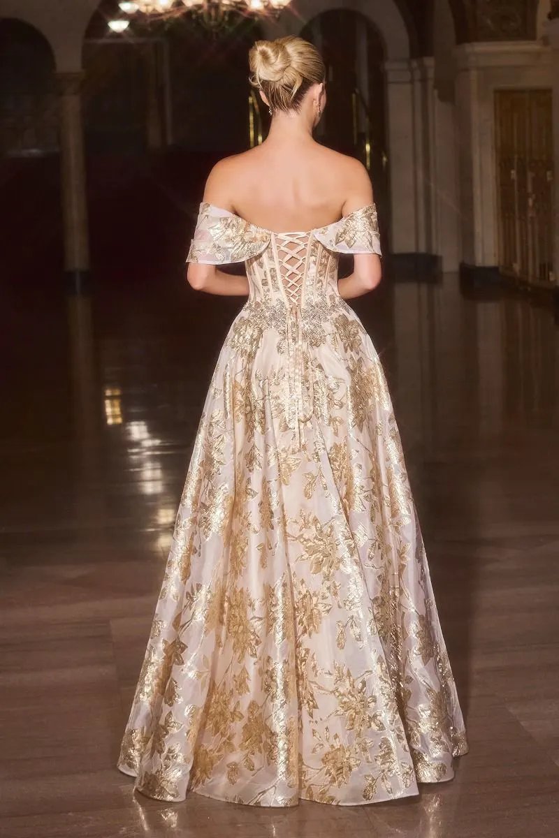 Ball Gown Off-The-Shoulder Beaded Crystal Corset Metallic Floral Jacquard Skirt by Tux-USA