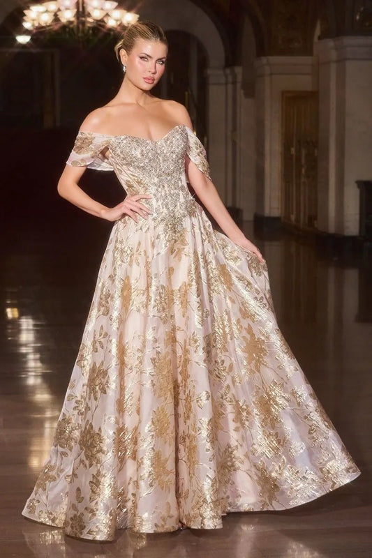 Ball Gown Off-The-Shoulder Beaded Crystal Corset Metallic Floral Jacquard Skirt by Tux-USA