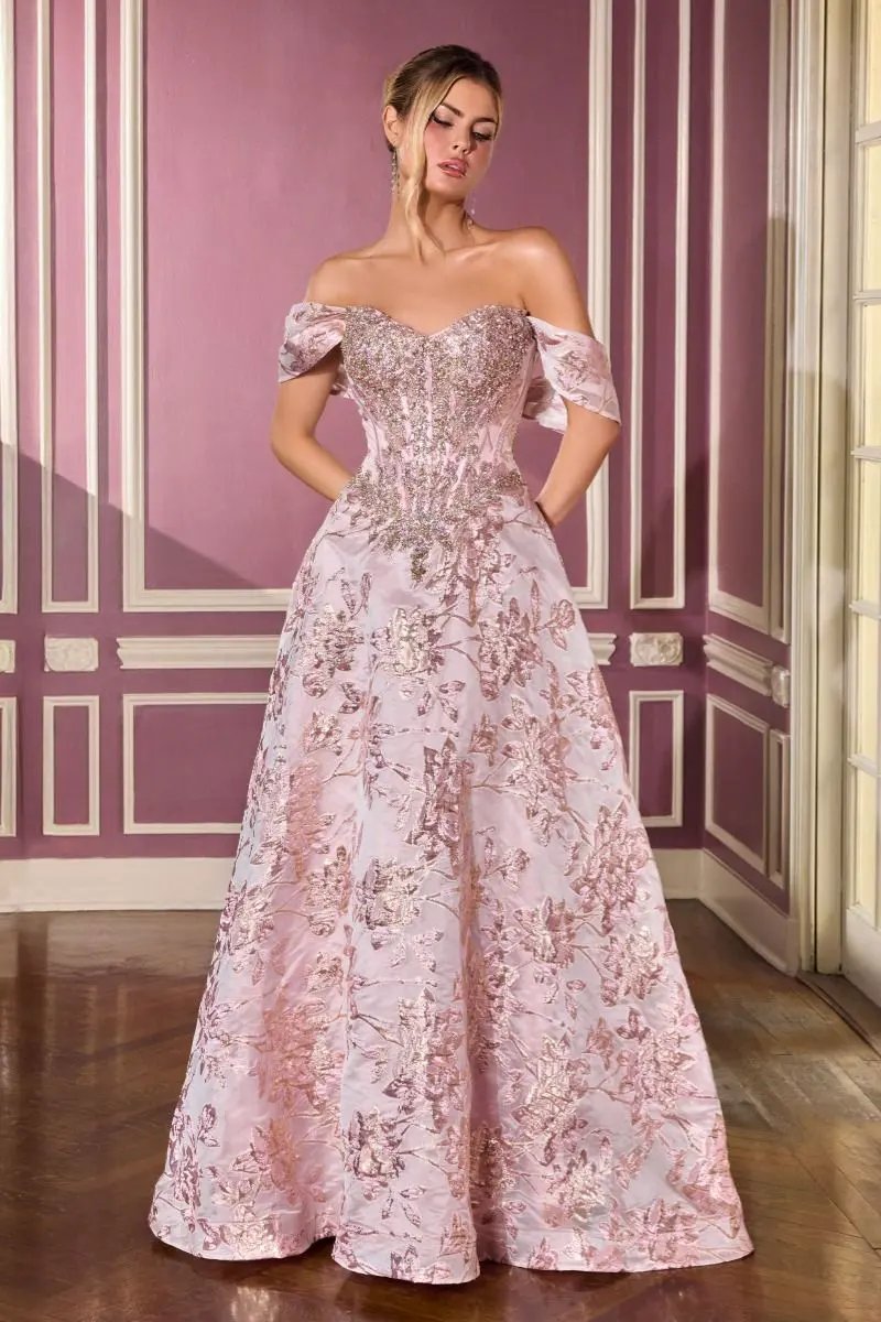 Ball Gown Off-The-Shoulder Beaded Crystal Corset Metallic Floral Jacquard Skirt by Tux-USA
