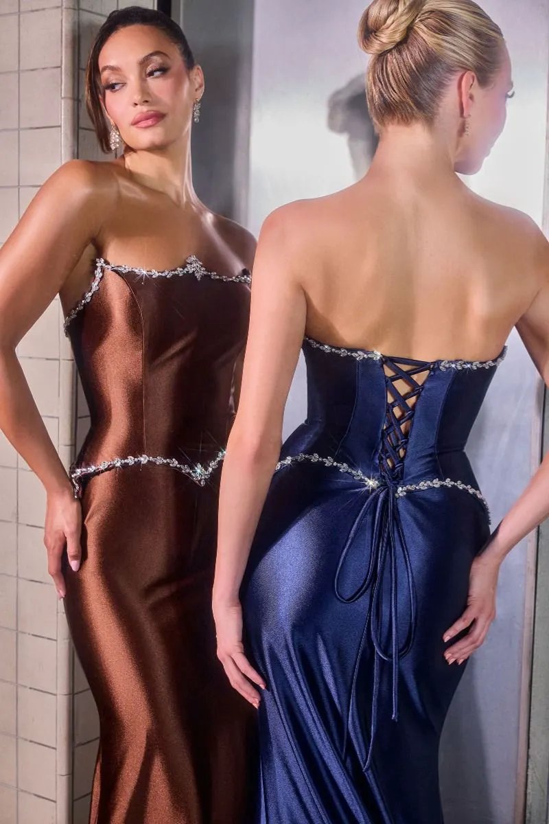 Strapless Satin Fitted Gown Crystal Bodice Lace-Up Corset Back by Tux-USA