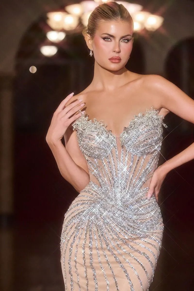 Mermaid Strapless Dress Sheer Illusion Beaded Corset Bodice Lace-Up Back by Tux-USA