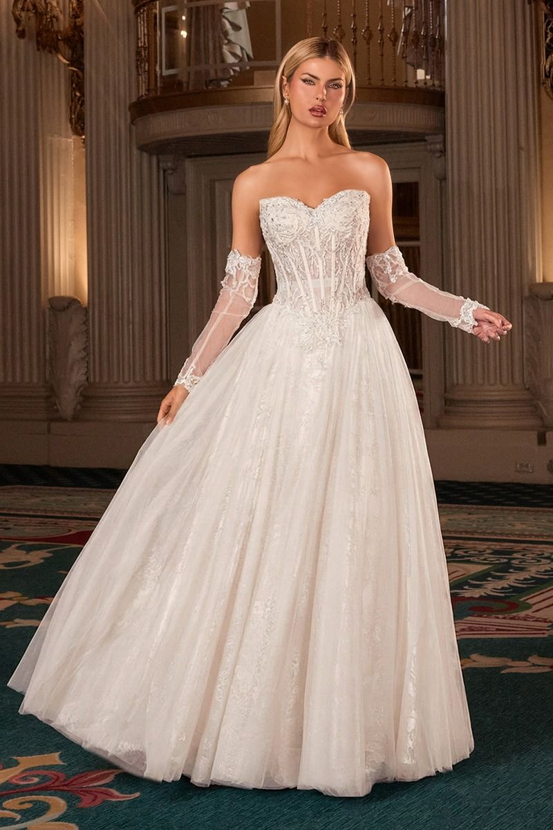 Strapless Lace Corset Bridal Ball Gown with Detachable Sleeves-0