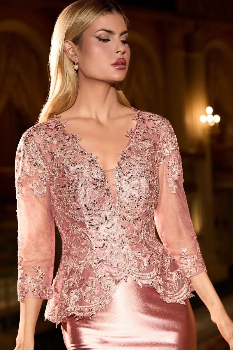 Lace Appliqué Peplum Fitted Evening Gown with Three-Quarter Sleeves by Tux-USA