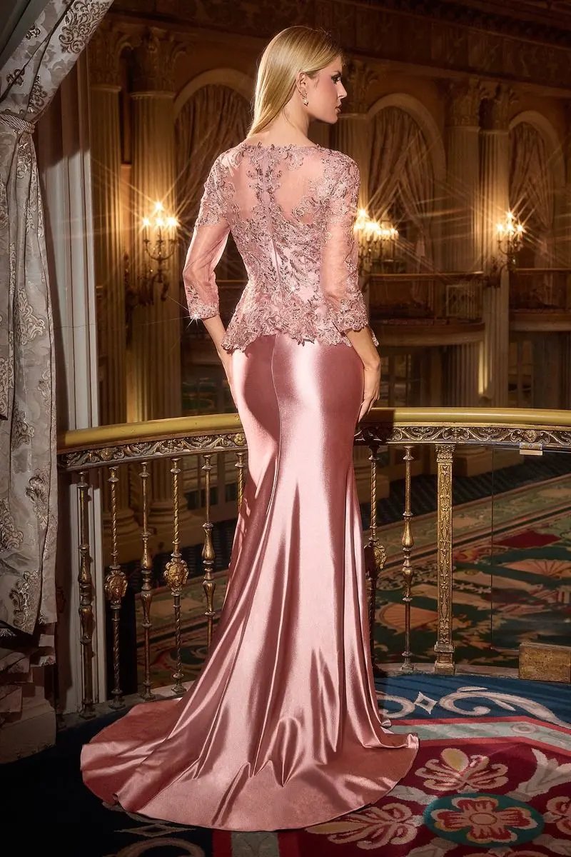 Lace Appliqué Peplum Fitted Evening Gown with Three-Quarter Sleeves by Tux-USA