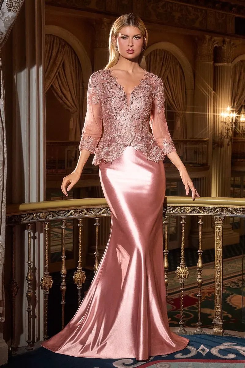 Lace Appliqué Peplum Fitted Evening Gown with Three-Quarter Sleeves by Tux-USA