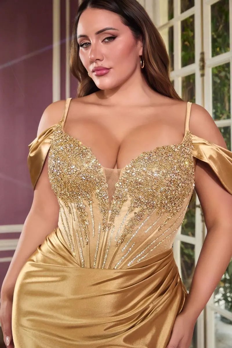 Fitted Dress Deep V-Neck Beaded Bodice Stretch Satin Skirt Slit Removable Straps by Partner Label