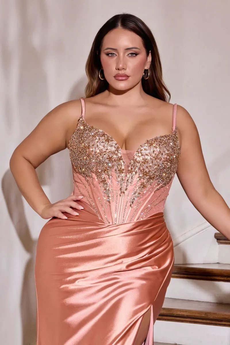 Fitted Dress Deep V-Neck Beaded Bodice Stretch Satin Skirt Slit Removable Straps by Partner Label