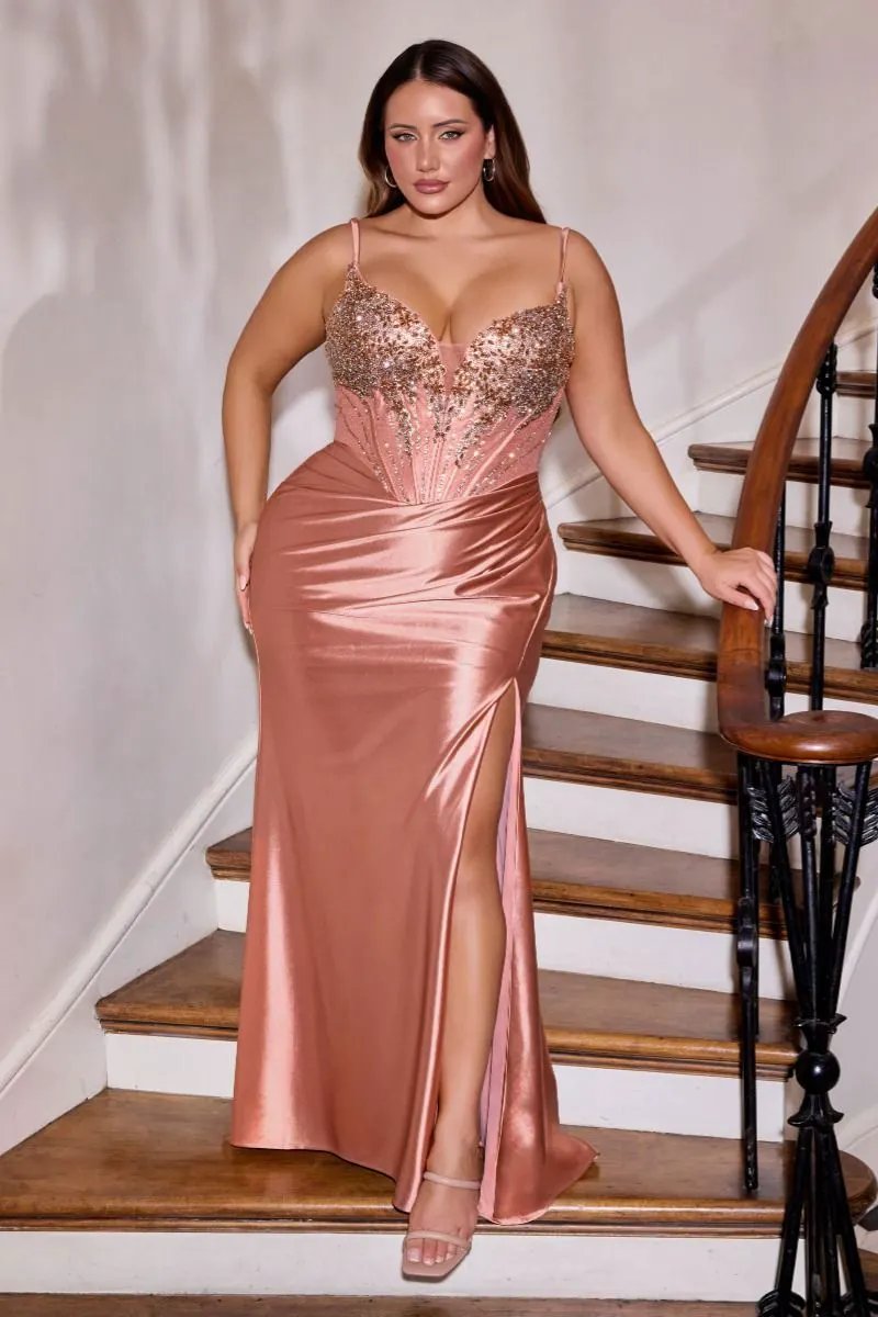 Fitted Dress Deep V-Neck Beaded Bodice Stretch Satin Skirt Slit Removable Straps by Partner Label