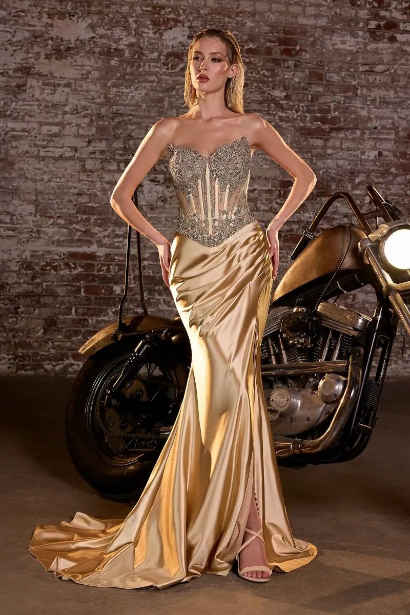 Crystal Strapless Fitted Satin Dress by Tux-USA