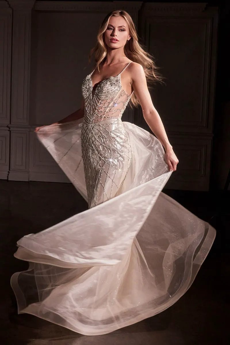 Fit & Flare Crystal Embellished Gown & Overskirt by Tux-USA