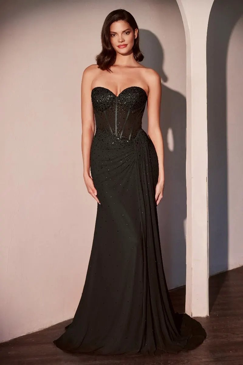 Fitted Strapless Stretch Net Rhinestone Scattered Dress by Tux-USA