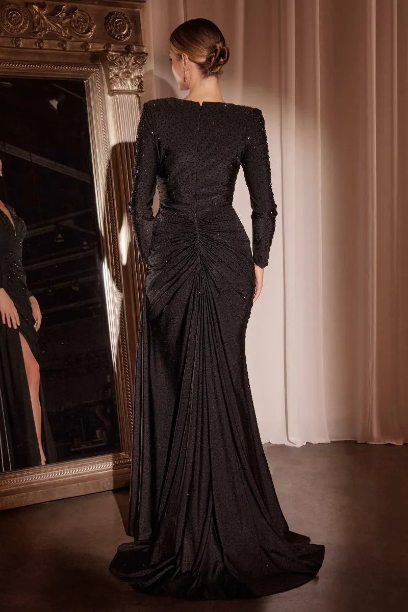 Long Sleeve Stretch Satin Embellished Gown by Tux-USA