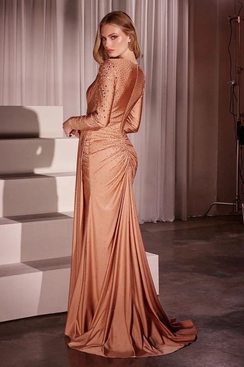 Long Sleeve Stretch Satin Embellished Gown by Tux-USA