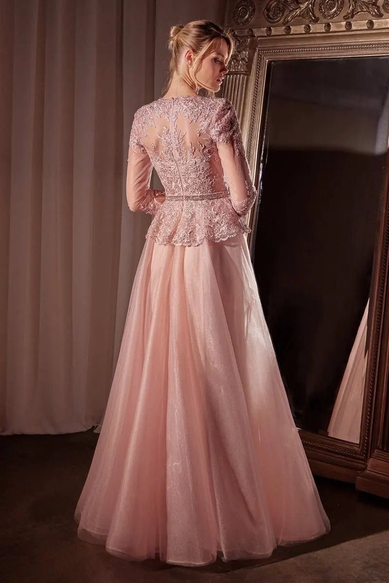 Three Quarter Sleeve Lace & Tulle A-Line Dress by Tux-USA