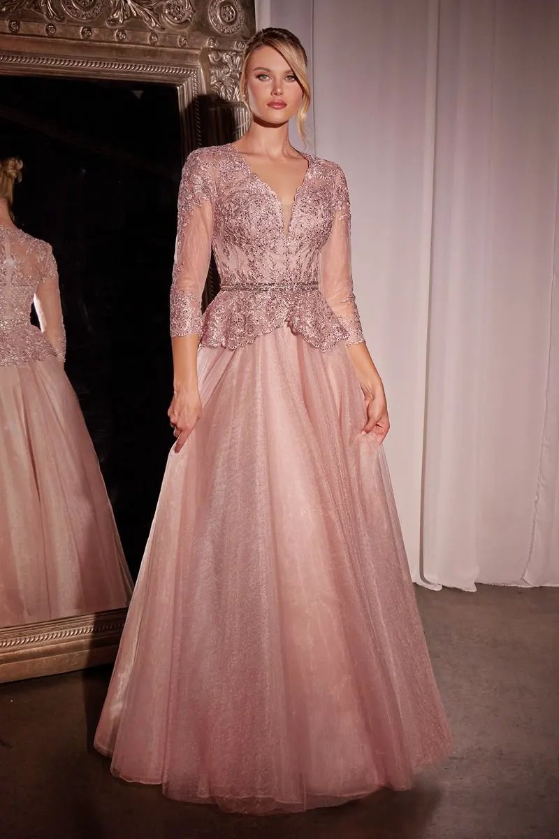 Three Quarter Sleeve Lace & Tulle A-Line Dress by Tux-USA