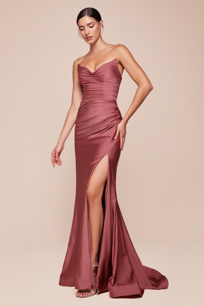 Strapless Stretch Satin Fitted Gown-14