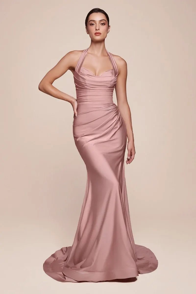 Stetch Satin Halter Fitted Dress by Tux-USA