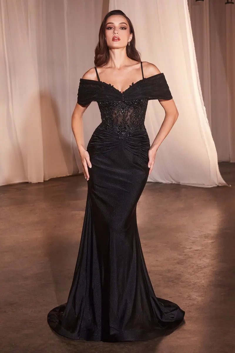 Fitted Satin & Lace Gown With Off The Shoulder Accessory by Tux-USA