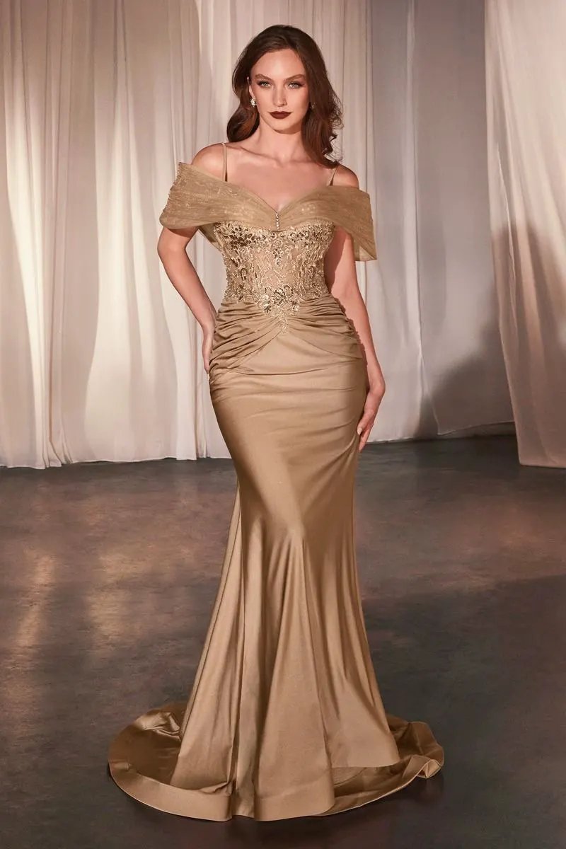 Fitted Satin & Lace Gown With Off The Shoulder Accessory by Tux-USA